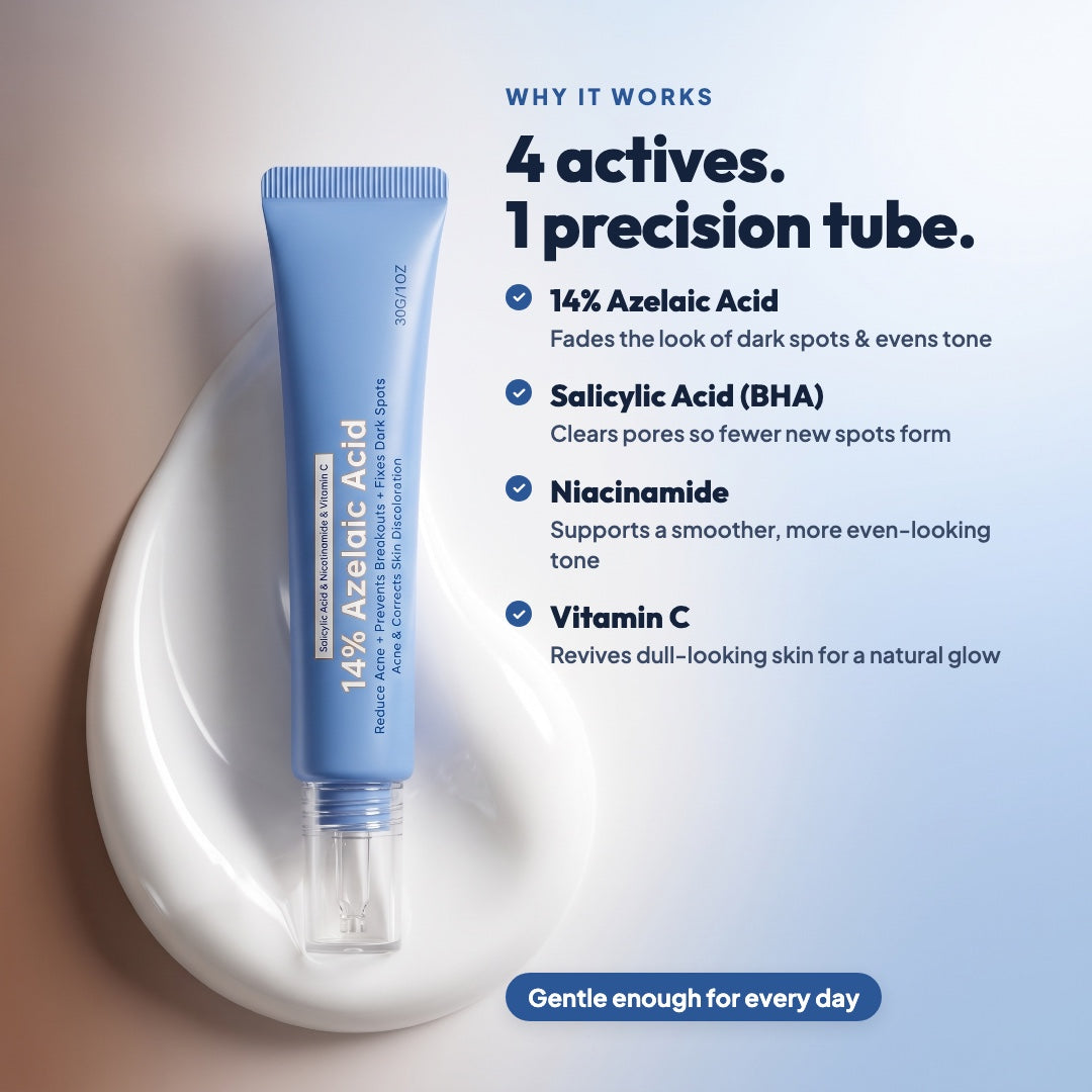 4 actives in 1 precision tube: 14% azelaic acid, salicylic acid, niacinamide, vitamin C